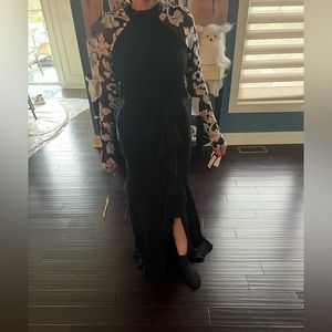 Betsy & Adams floor length black dress with slit. Mesh top long sleeve. Size 4.
